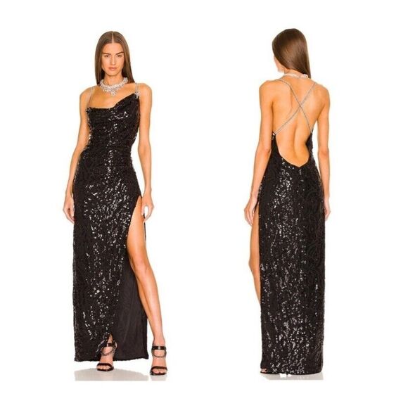 DUNDAS x REVOLVE Jean Black Sequin Maxi Dress w/ Star Pin Sz S $348 Sold Out - Picture 1 of 16